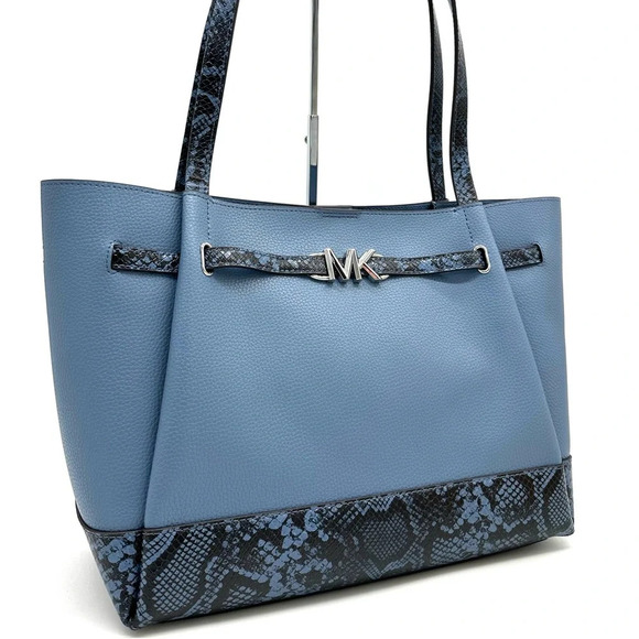 Michael Kors Reed Large Tote Bag Denim Snakeskin Blue - Picture 2 of 11